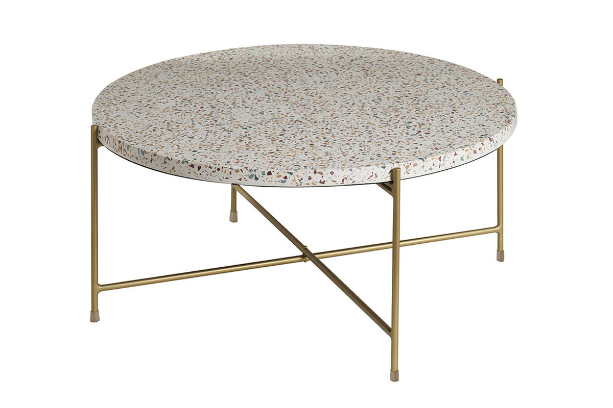 Mesa de centro de diseo redonda de terrazo y metal dorado 81 cm dim. MEZZO