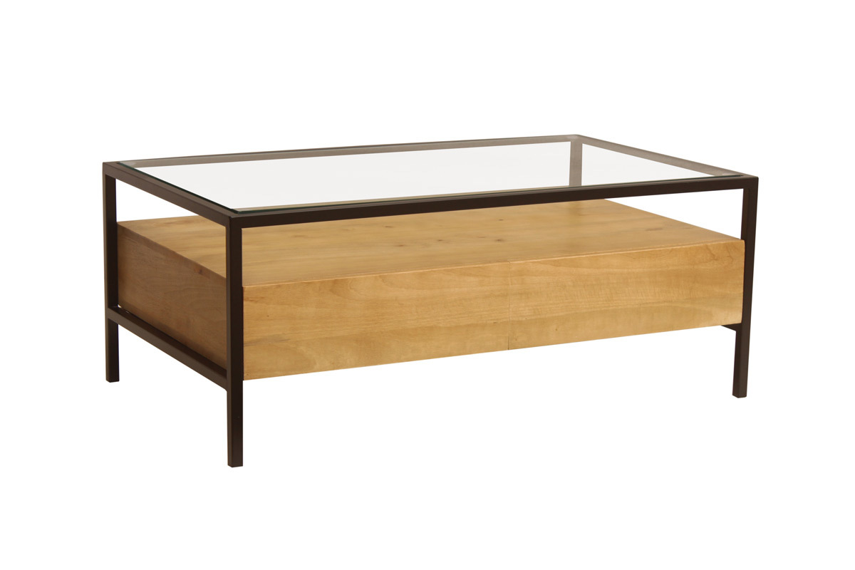 Mesa de centro rectangular con almacenaje de madera maciza de mango, cristal y metal negro 100 cm SITA