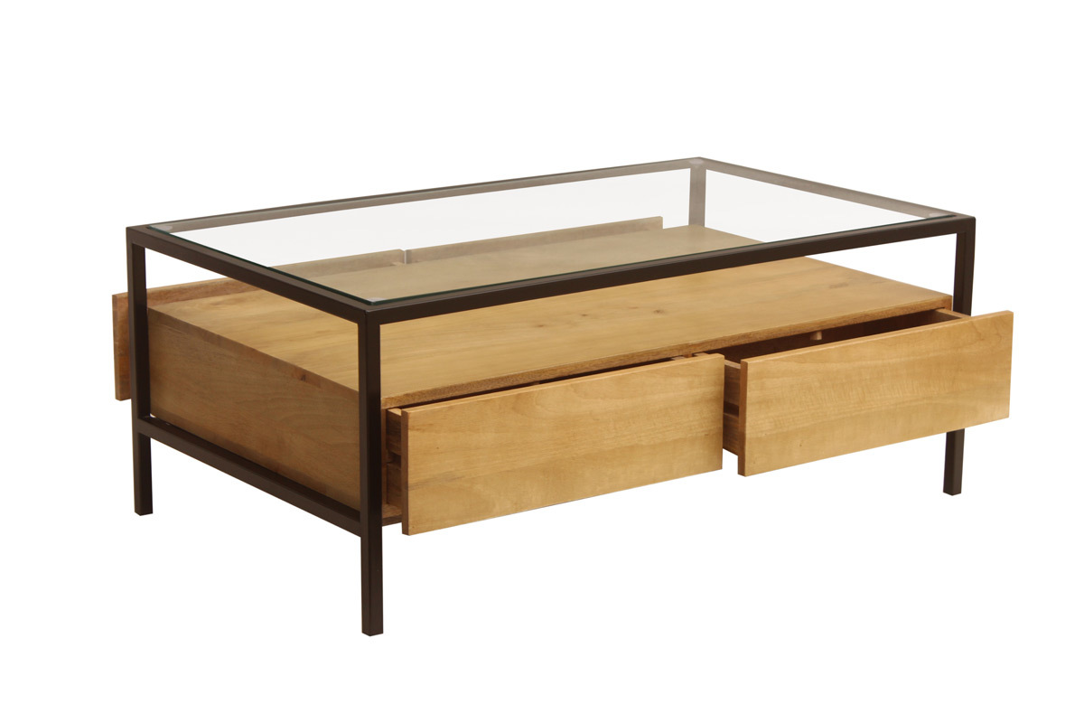 Mesa de centro rectangular con almacenaje de madera maciza de mango, cristal y metal negro 100 cm SITA