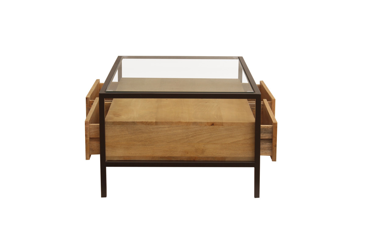 Mesa de centro rectangular con almacenaje de madera maciza de mango, cristal y metal negro 100 cm SITA