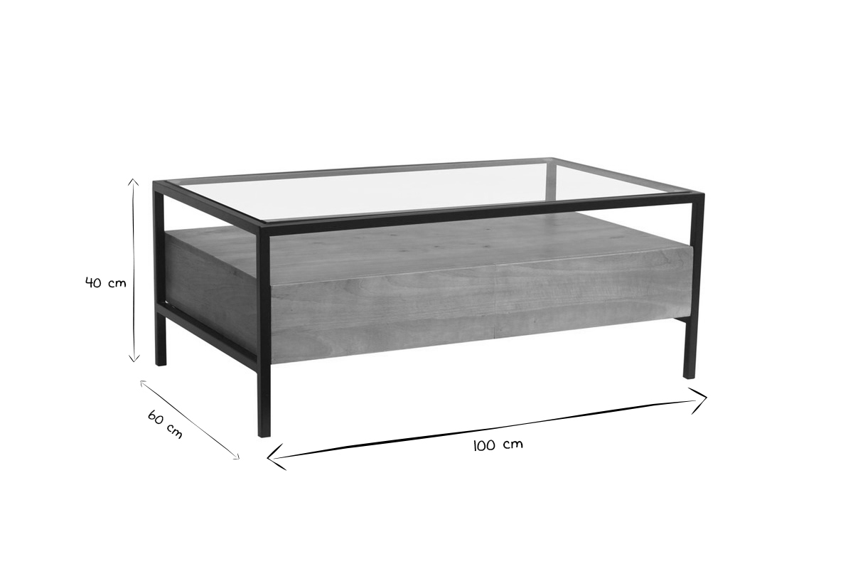 Mesa de centro rectangular con almacenaje de madera maciza de mango, cristal y metal negro 100 cm SITA