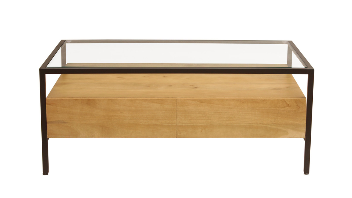 Mesa de centro rectangular con almacenaje de madera maciza de mango, cristal y metal negro 100 cm SITA