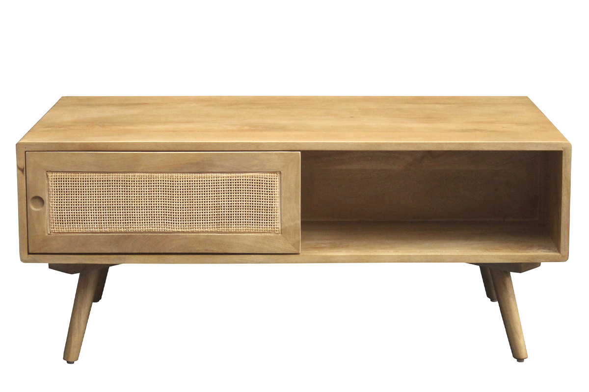 Mesa de centro rectangular con almacenaje de madera maciza de mango y caa de ratn 100 cm ACANGE