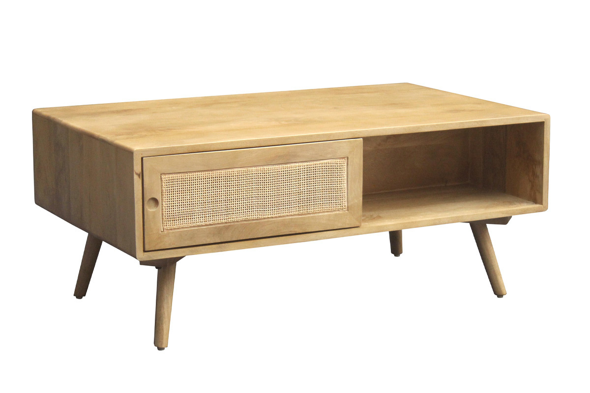 Mesa de centro rectangular con almacenaje de madera maciza de mango y caa de ratn 100 cm ACANGE