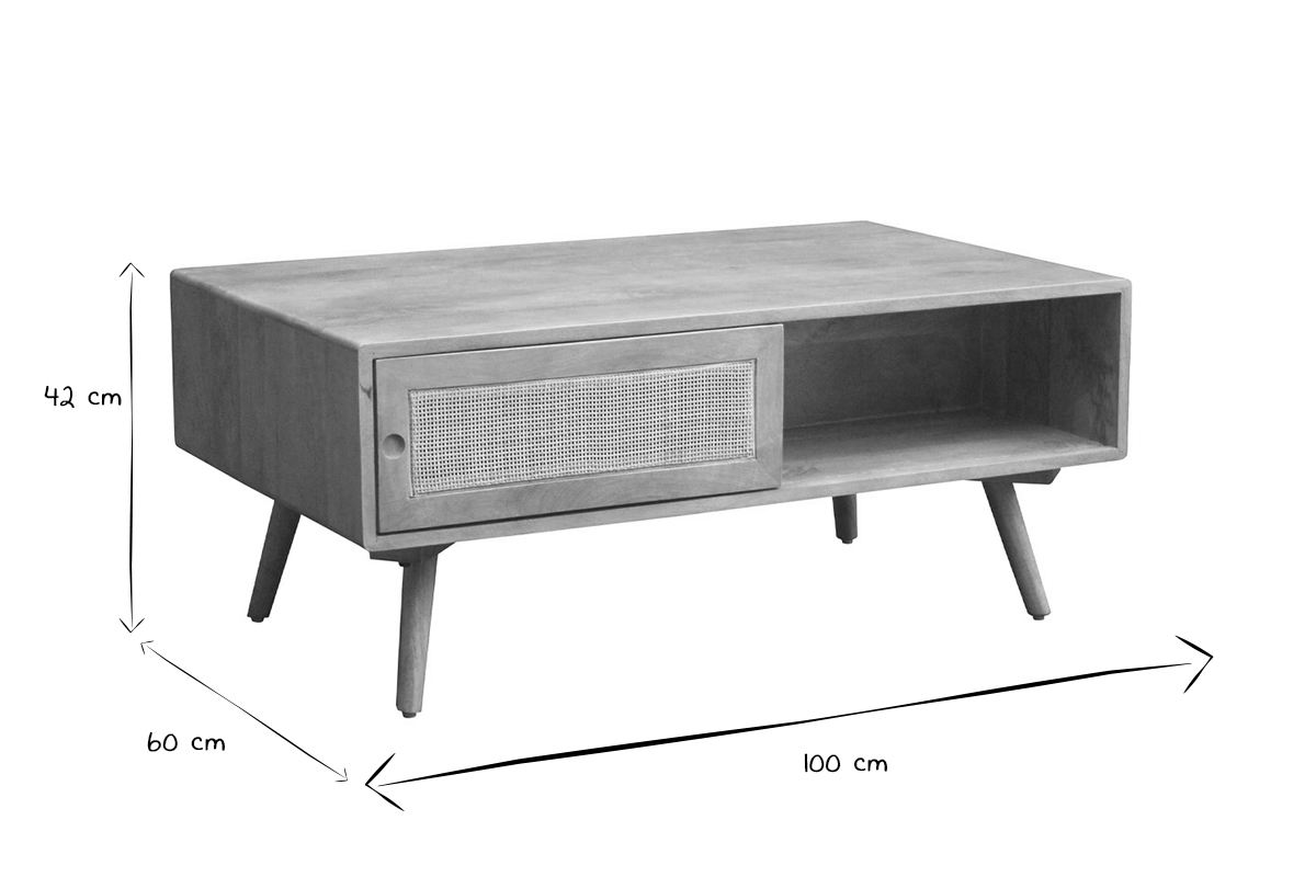 Mesa de centro rectangular con almacenaje de madera maciza de mango y caa de ratn 100 cm ACANGE