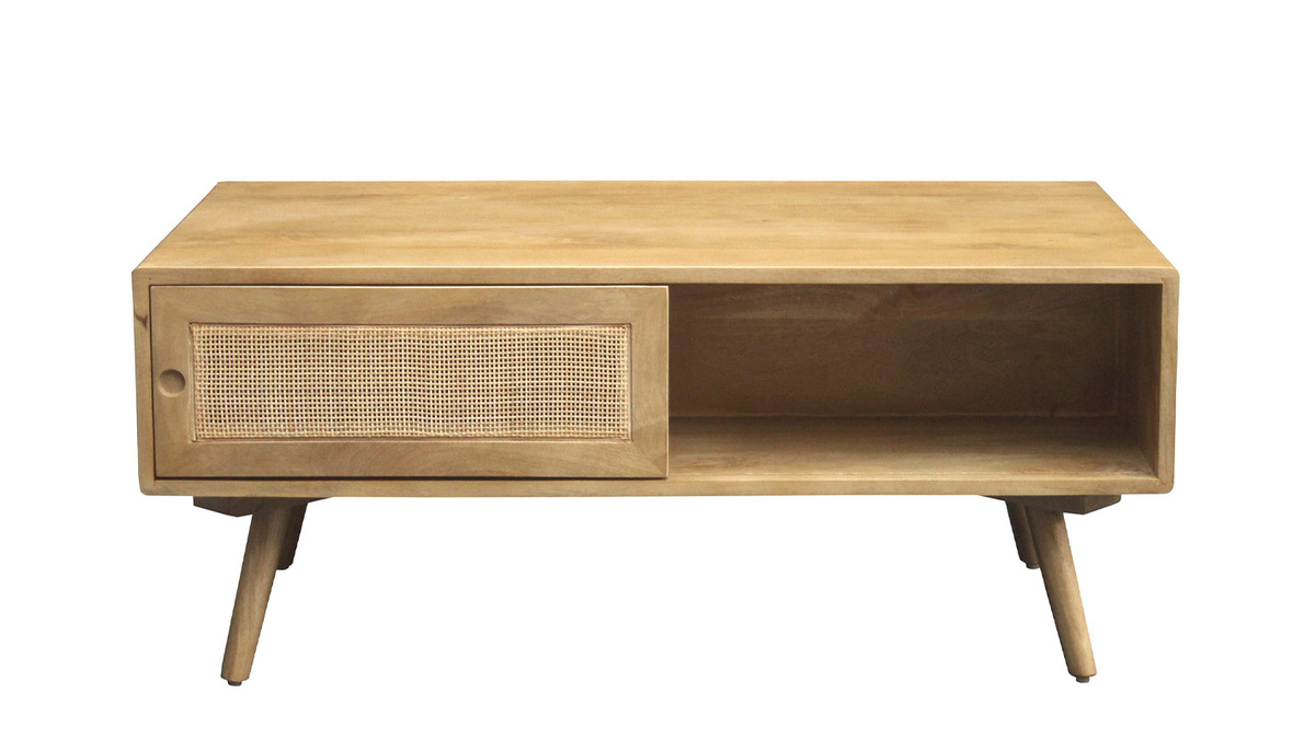 Mesa de centro rectangular con almacenaje de madera maciza de mango y caa de ratn 100 cm ACANGE