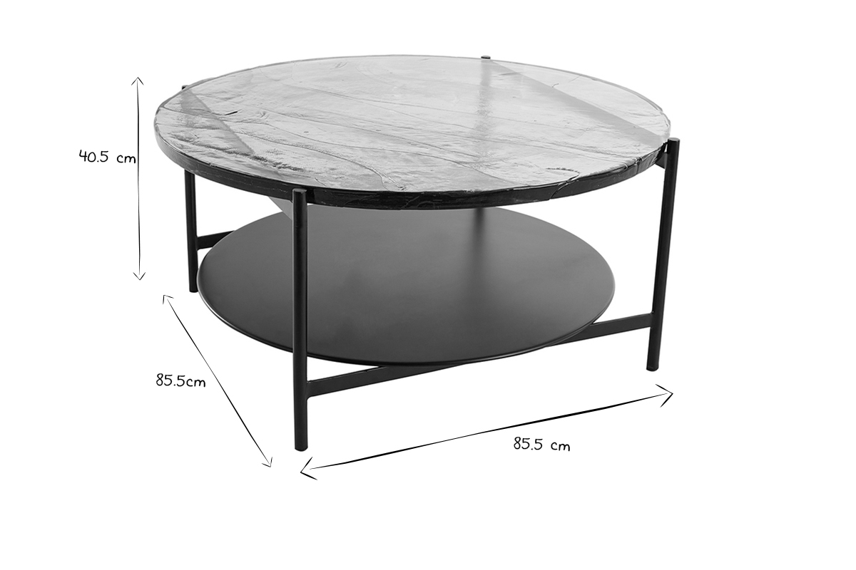 Mesa de centro redonda con doble tablero de cristal reciclado y metal negro 85 cm WELLE