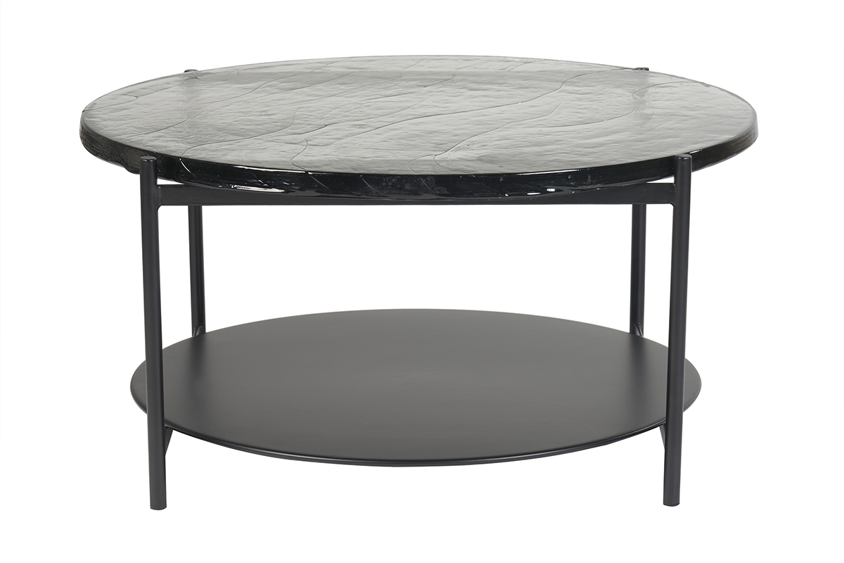 Mesa de centro redonda con doble tablero de cristal reciclado y metal negro 85 cm WELLE