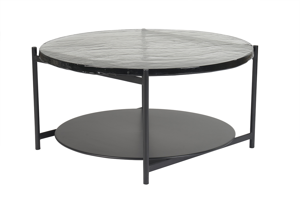 Mesa de centro redonda con doble tablero de cristal reciclado y metal negro 85 cm WELLE