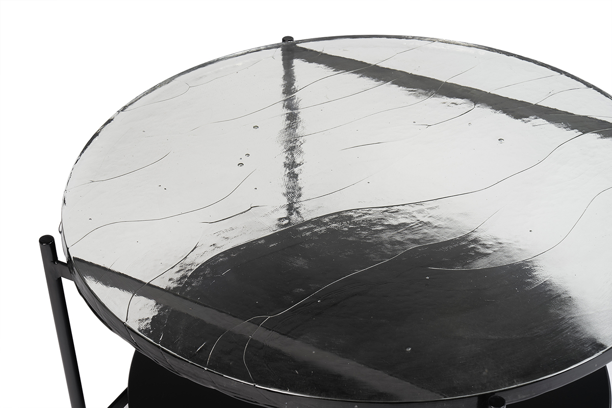 Mesa de centro redonda con doble tablero de cristal reciclado y metal negro 85 cm WELLE