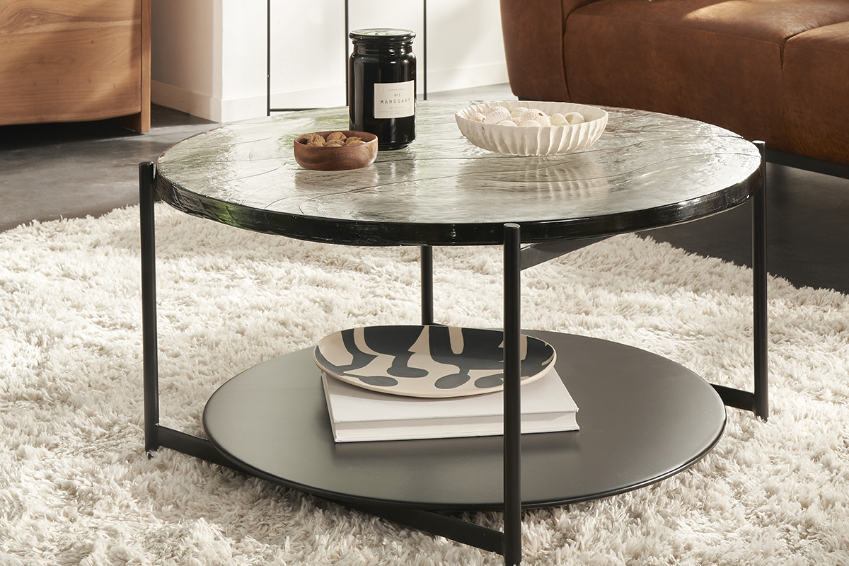 Mesa de centro redonda con doble tablero de cristal reciclado y metal negro 85 cm WELLE