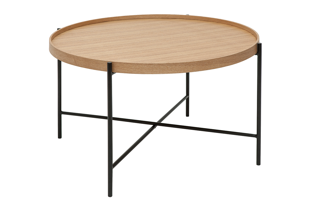 Mesa de centro redonda de madera clara y metal negro 75cm BASSY