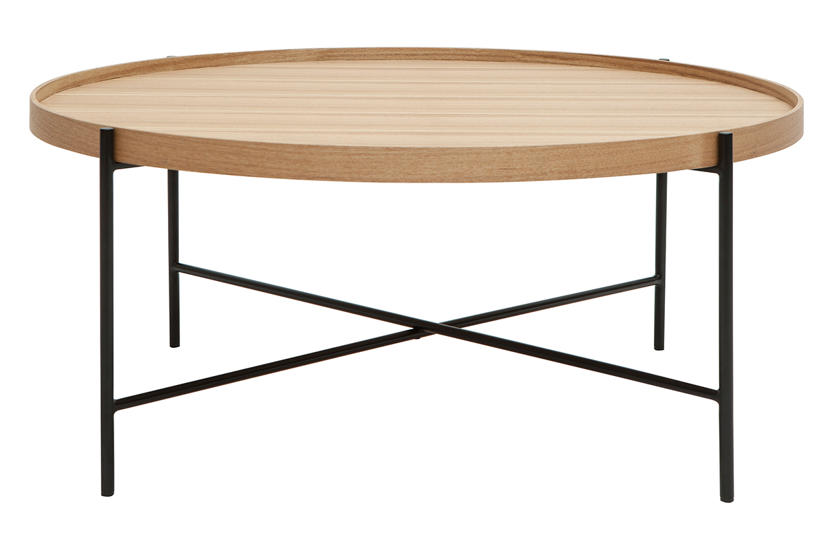 Mesa de centro redonda de madera clara y metal negro 90cm BASSY