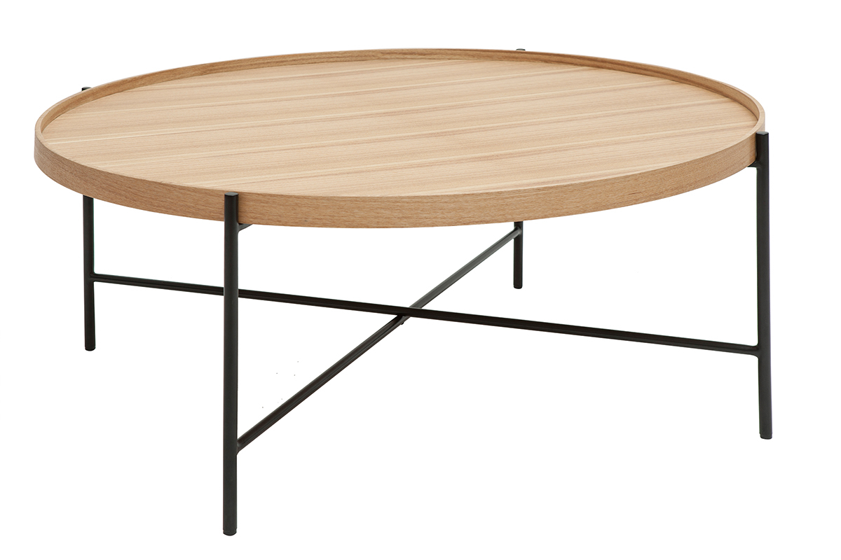 Mesa de centro redonda de madera clara y metal negro 90cm BASSY