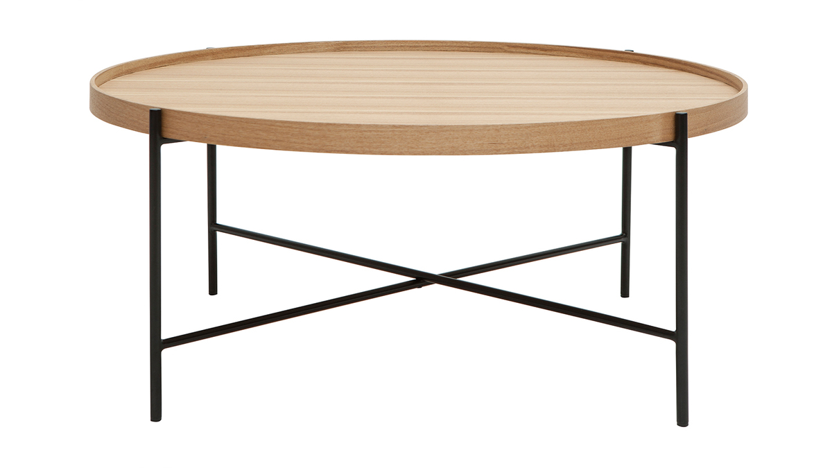 Mesa de centro redonda de madera clara y metal negro 90cm BASSY