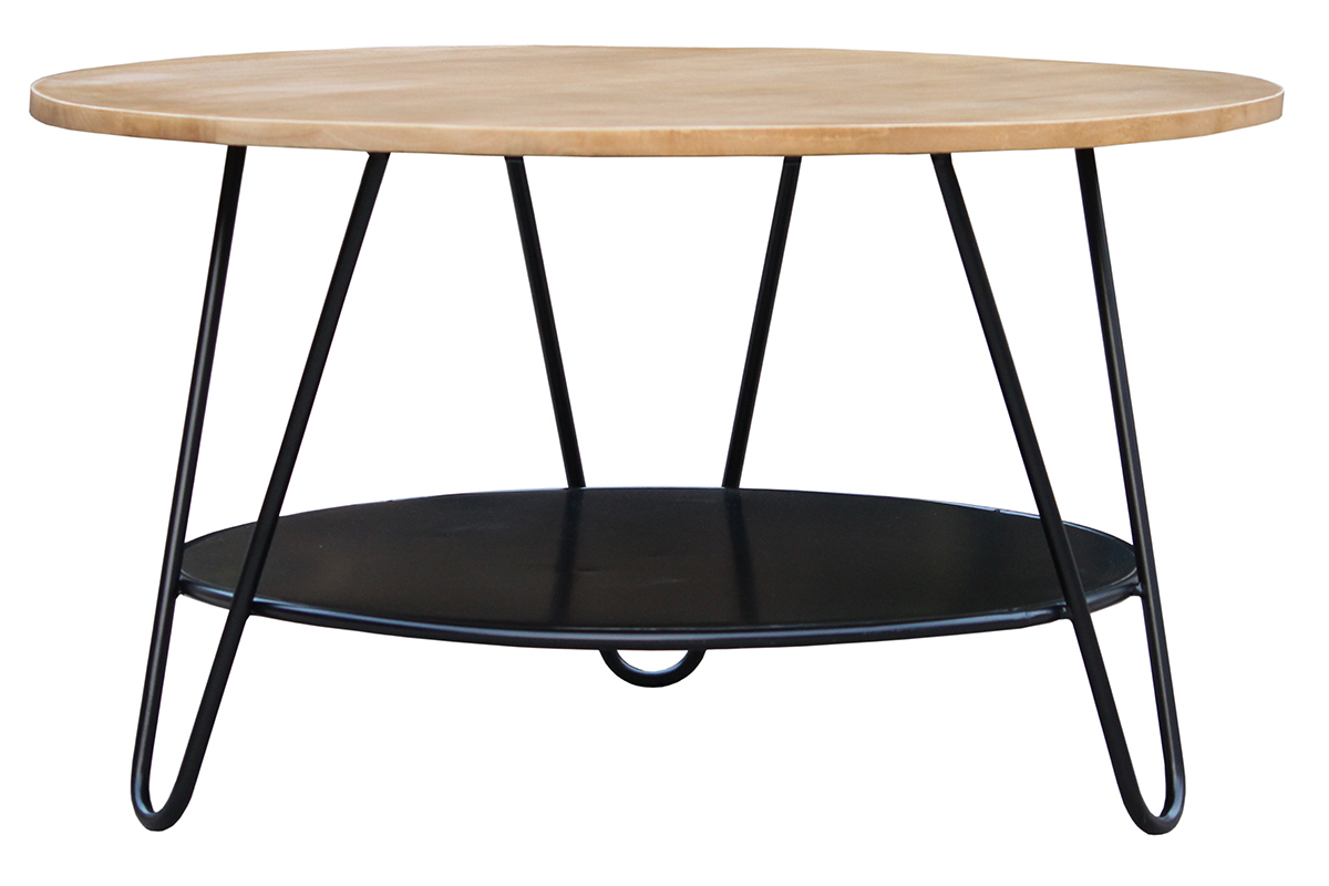 Mesa de centro redonda de madera de mango maciza y metal negro PRIYA