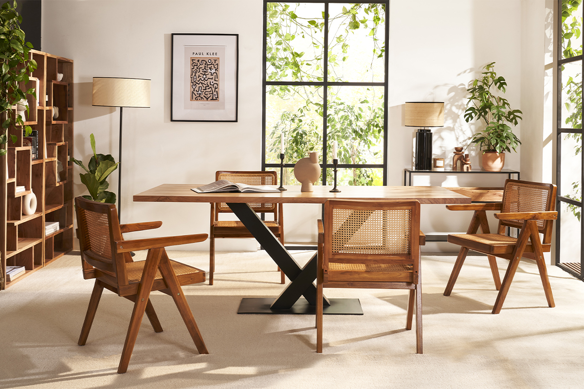 Mesa de comedor industrial rectangular de madera de acacia maciza y metal negro 200cm VALLEY