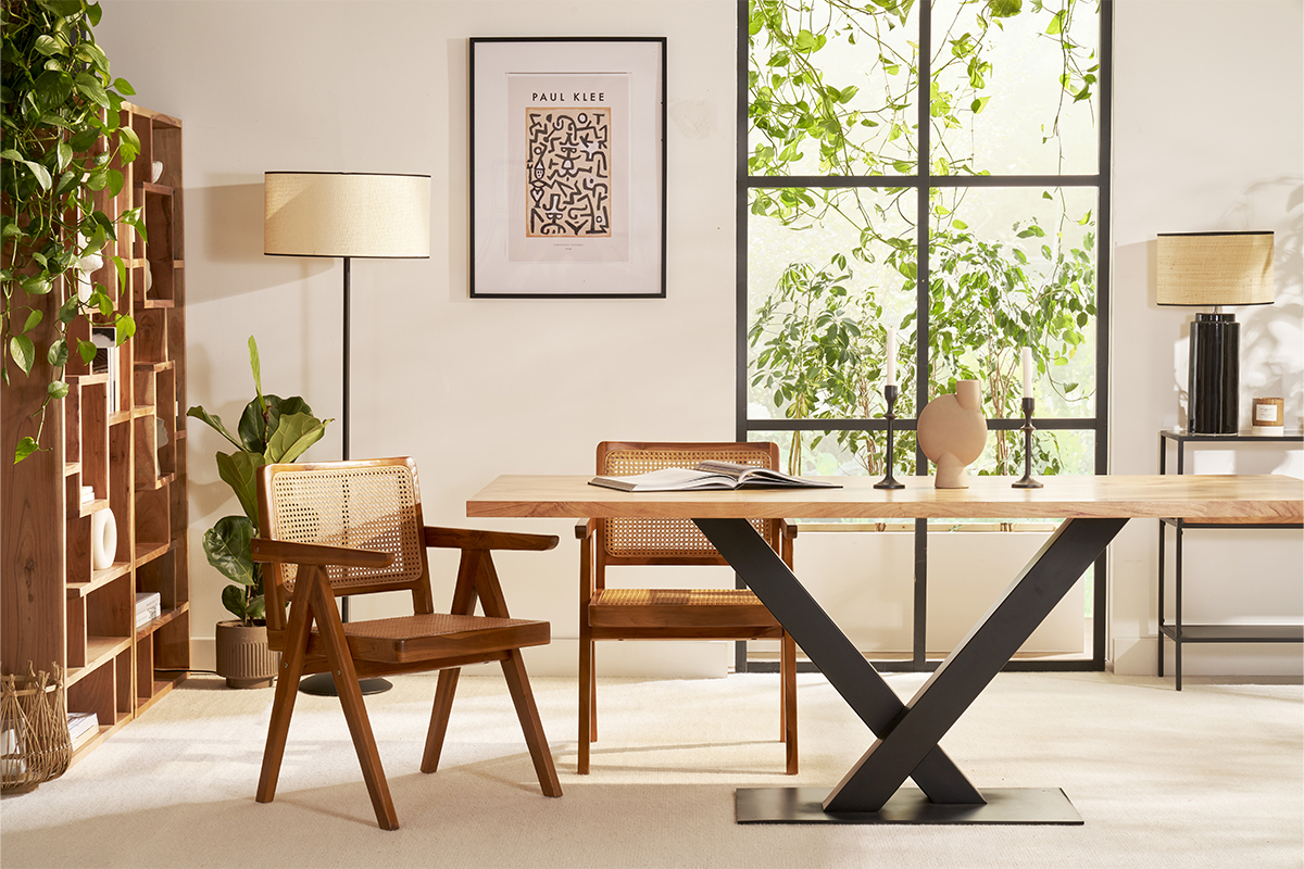 Mesa de comedor industrial rectangular de madera de acacia maciza y metal negro 200cm VALLEY