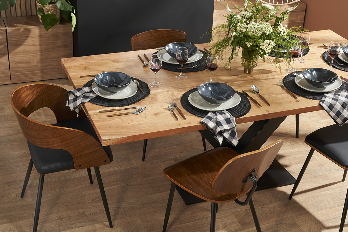 Mesa de comedor industrial rectangular de madera de acacia maciza y metal negro 200cm VALLEY