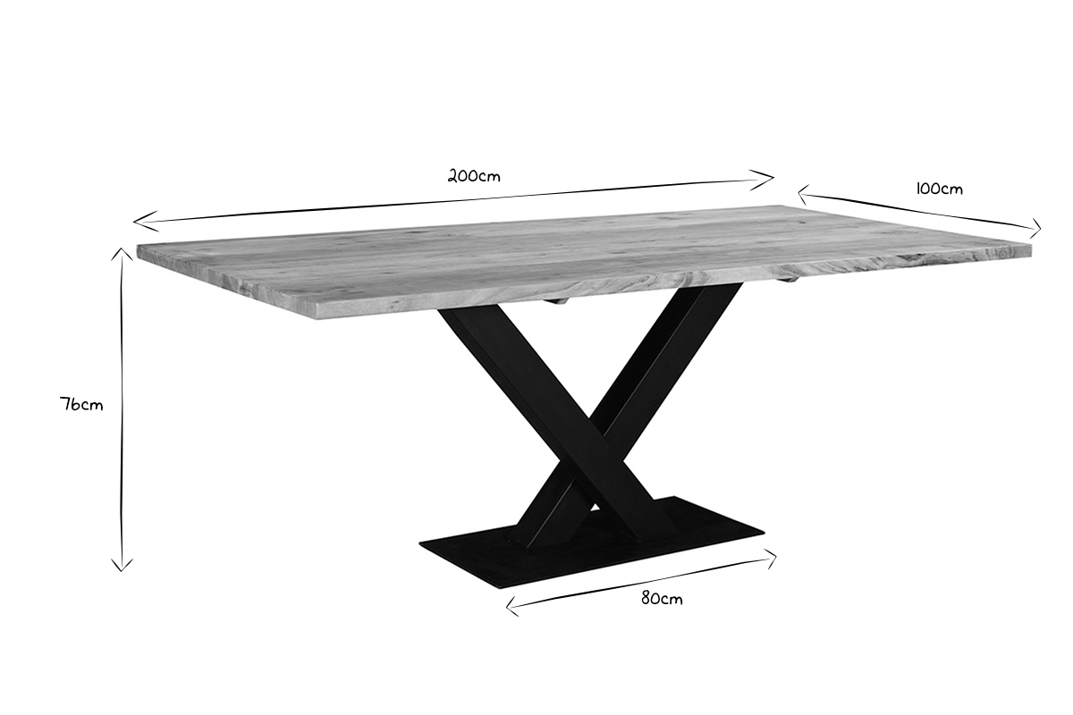 Mesa de comedor industrial rectangular de madera de acacia maciza y metal negro 200cm VALLEY