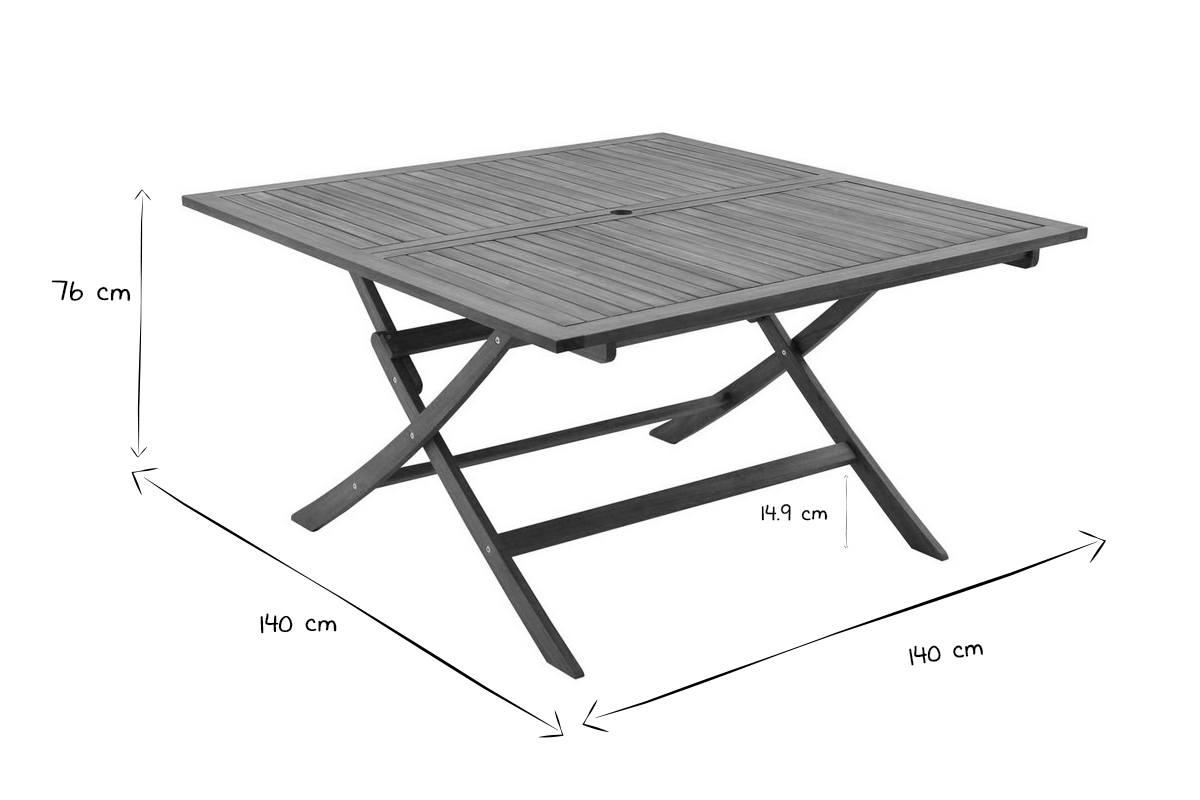 Mesa de jardn cuadrada plegable de madera maciza 140 cm SANTIAGO