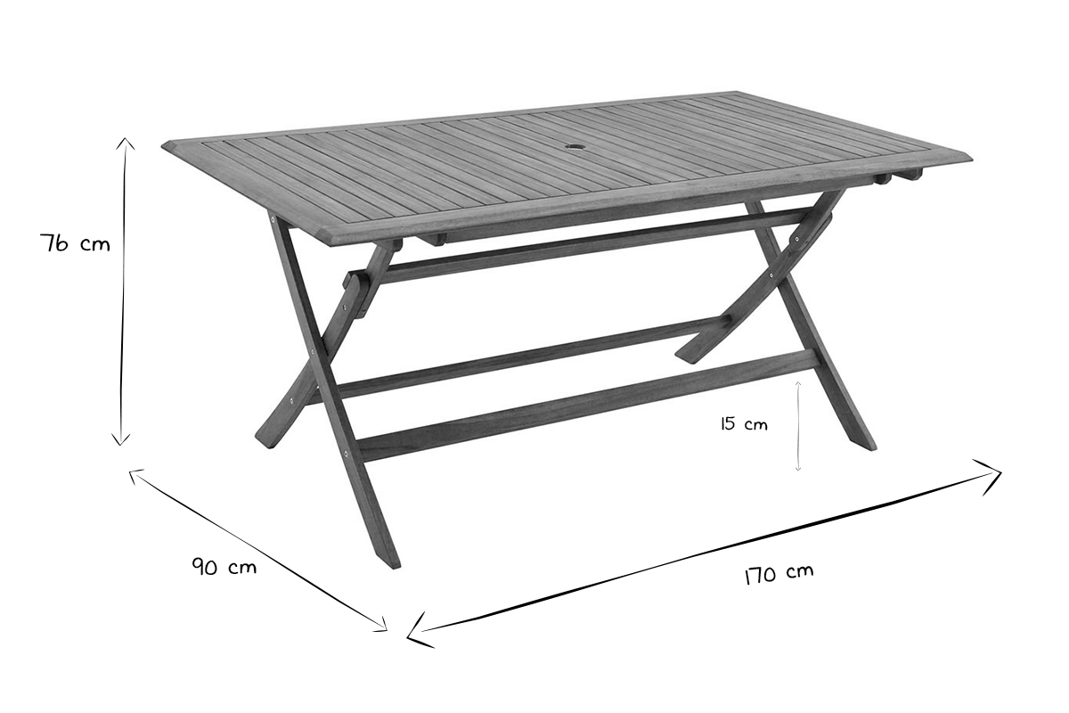 Mesa de jardn plegable rectangular de madera maciza 170 cm SANTIAGO