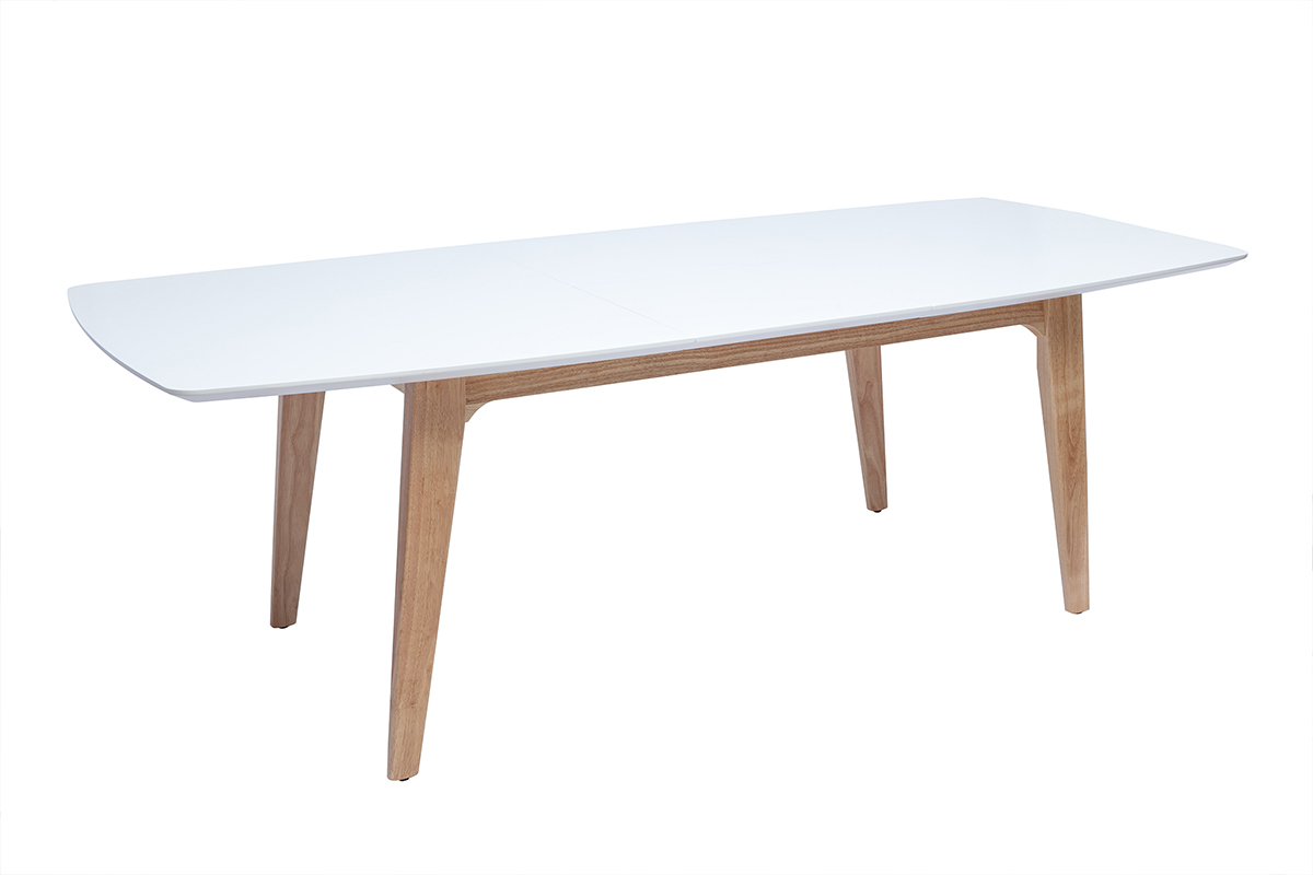 Mesa extensible rectangular de madera blanca y roble claro de 180-230 cm FIFTIES con extensiones integradas