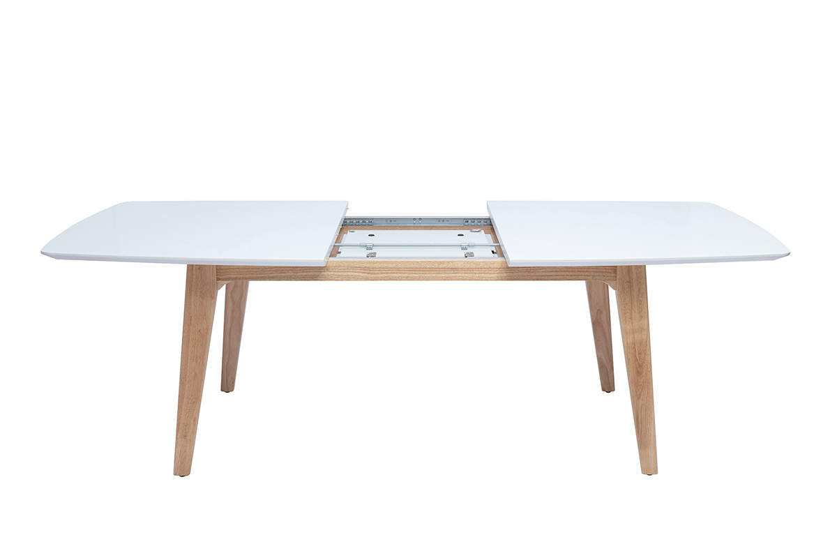 Mesa extensible rectangular de madera blanca y roble claro de 180-230 cm FIFTIES con extensiones integradas