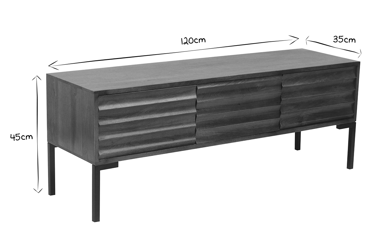 Mueble TV de 3 puertas de madera oscura maciza de mango y metal negro 120 cm ONDA