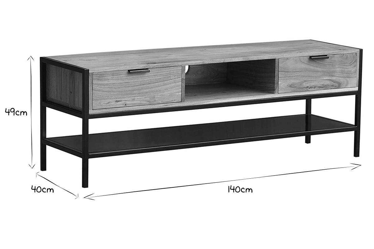 Mueble TV de acacia y metal negro con 2cajones 140cm ARTHUS