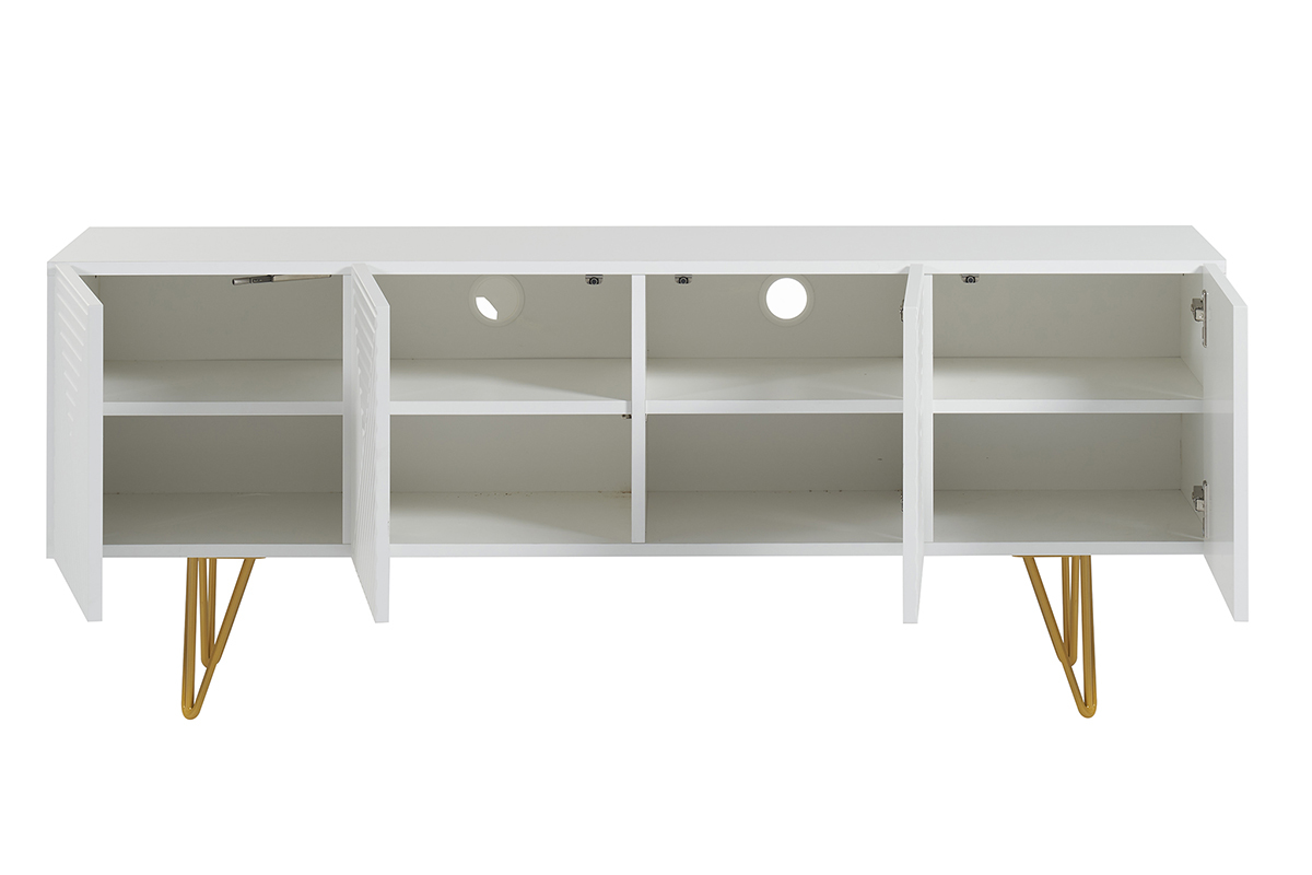 Mueble TV de diseo 140 cm con grabados grabado de metal blanco y dorado OZEN