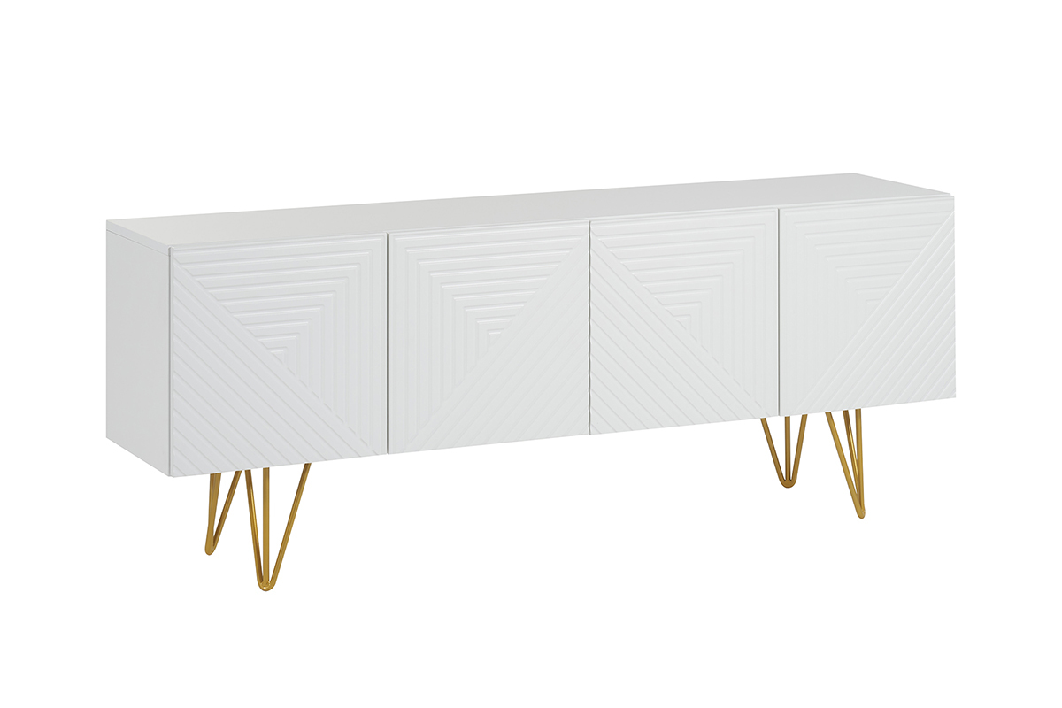 Mueble TV de diseo 140 cm con grabados grabado de metal blanco y dorado OZEN