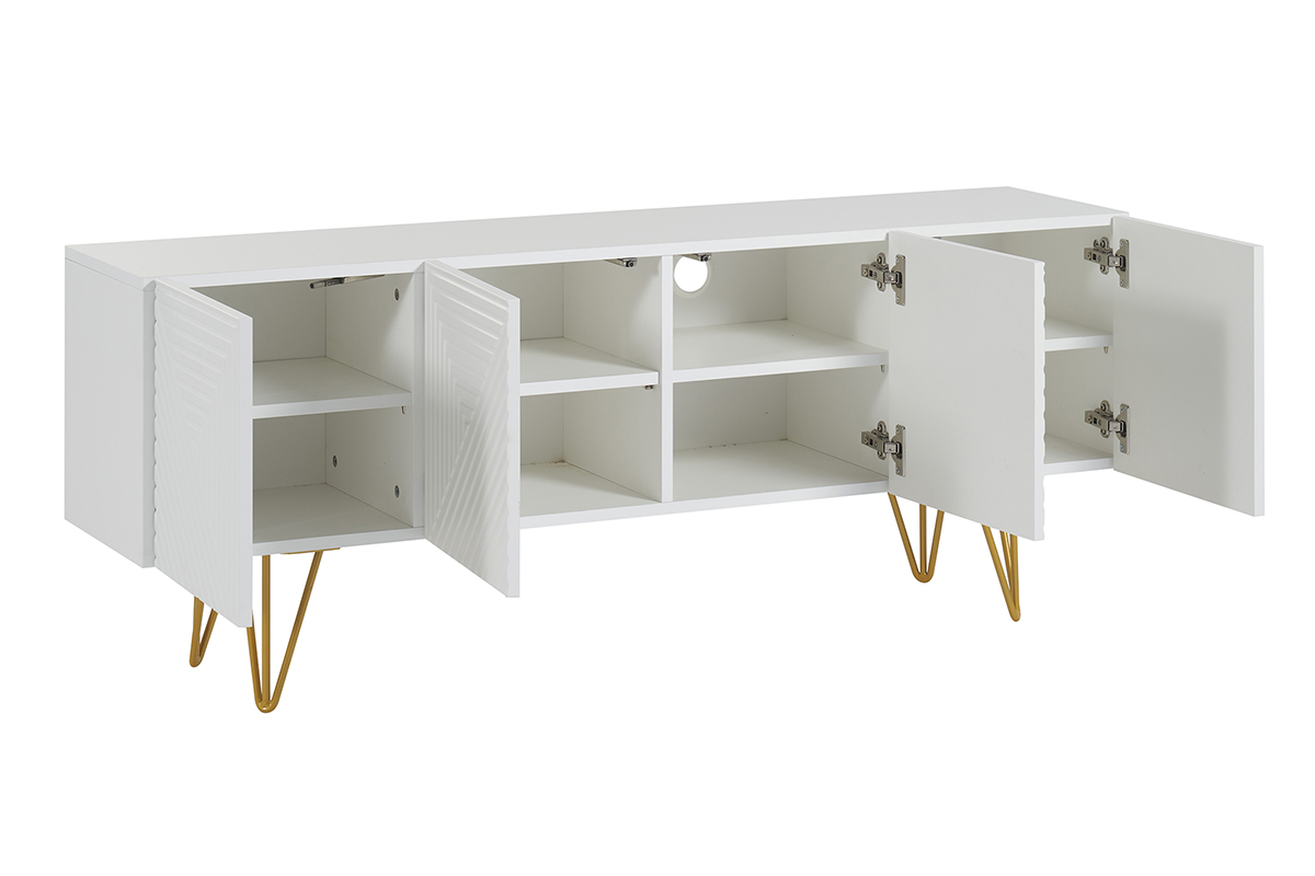 Mueble TV de diseo 140 cm con grabados grabado de metal blanco y dorado OZEN