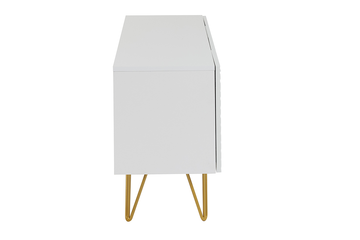 Mueble TV de diseo 140 cm con grabados grabado de metal blanco y dorado OZEN