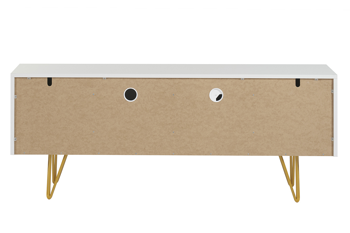 Mueble TV de diseo 140 cm con grabados grabado de metal blanco y dorado OZEN