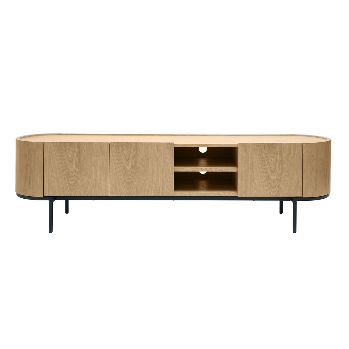 Mueble TV de diseño en madera clara y metal negro con almacenaje 180 cm SKYE