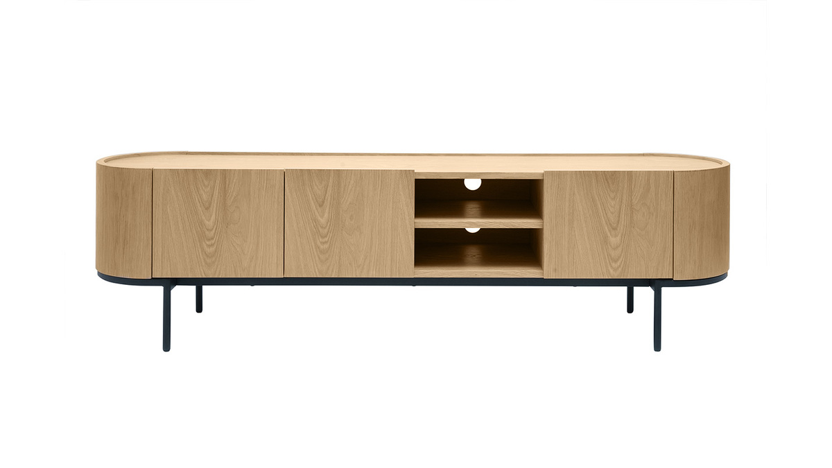 Mueble TV de diseo en madera clara y metal negro con almacenaje 180 cm SKYE