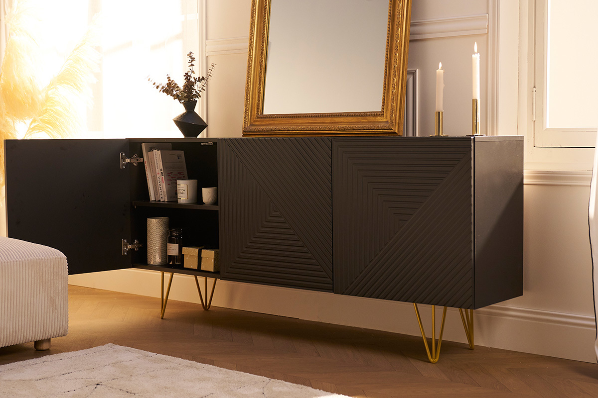 Mueble TV de diseo en negro y metal dorado 140 cm OZEN