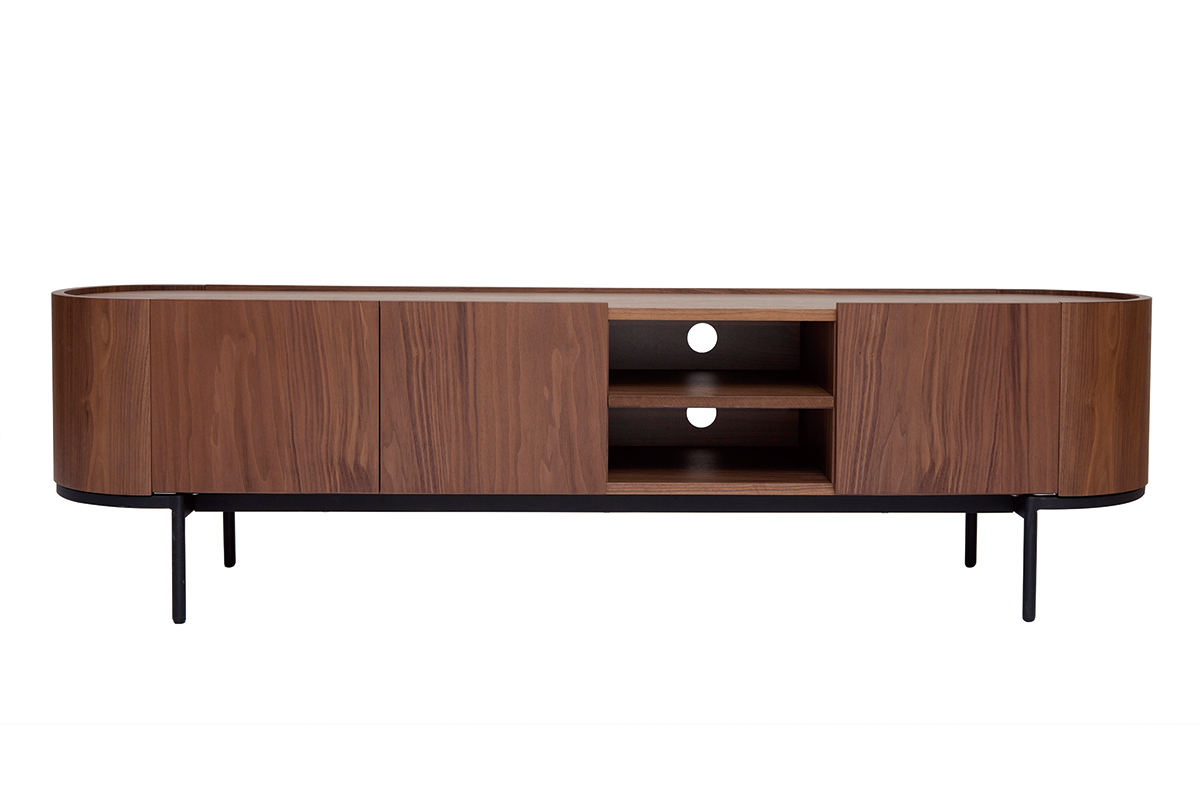 Mueble TV de diseo en nogal oscuro y metal negro con almacenaje 180 cm SKYE