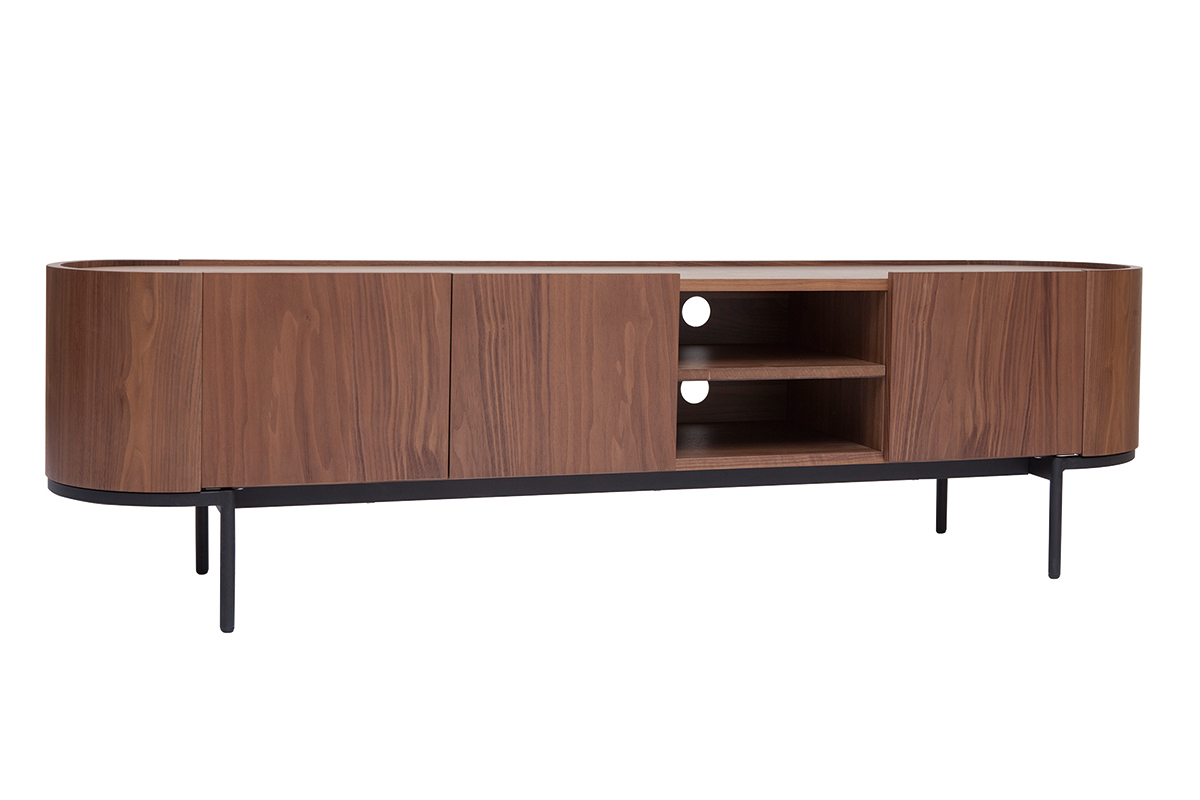 Mueble TV de diseo en nogal oscuro y metal negro con almacenaje 180 cm SKYE