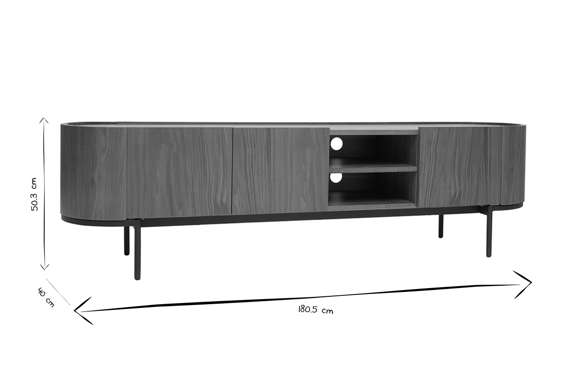 Mueble TV de diseo en nogal oscuro y metal negro con almacenaje 180 cm SKYE