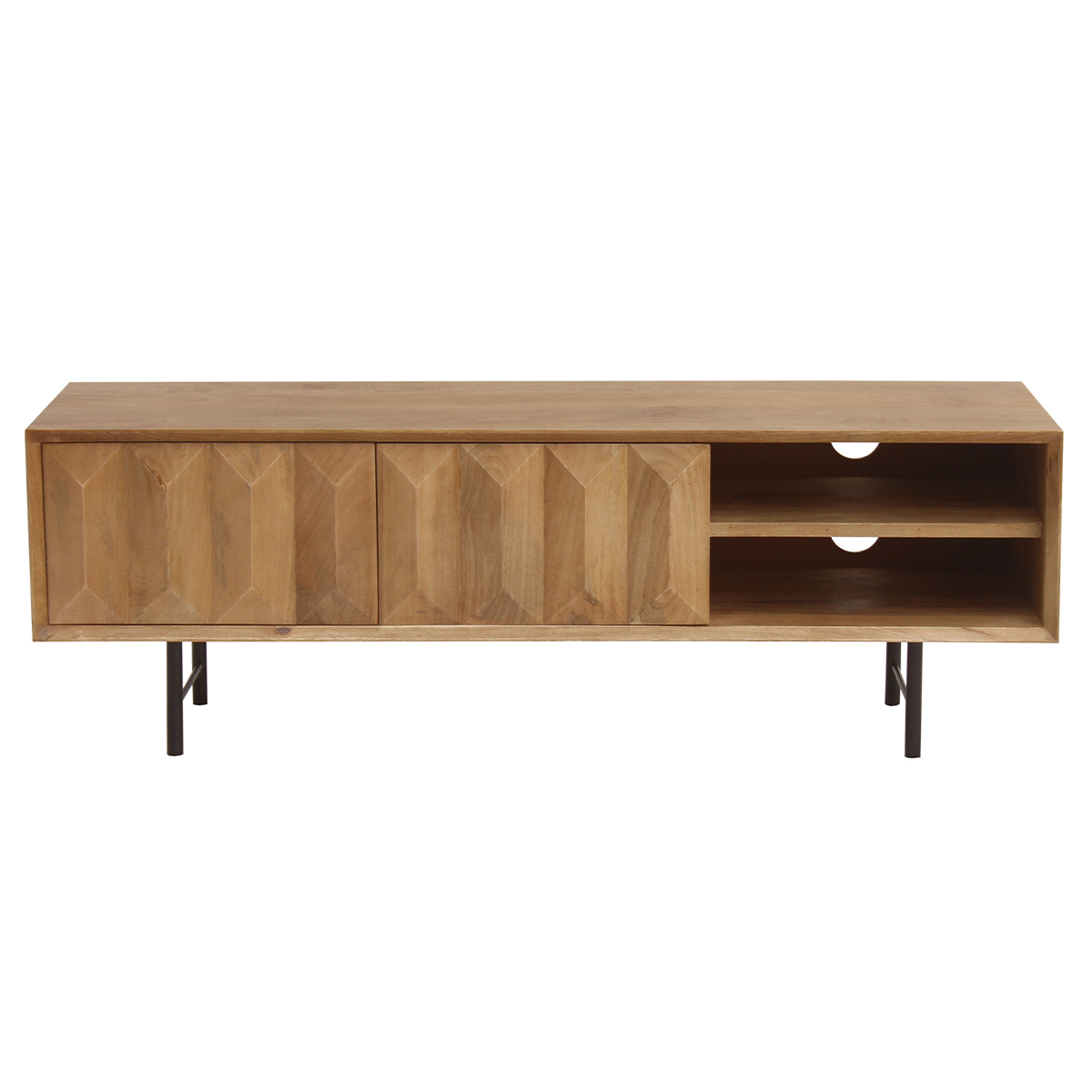 Mueble TV de madera clara de mango macizo con grabado y metal negro 120 cm AGRA