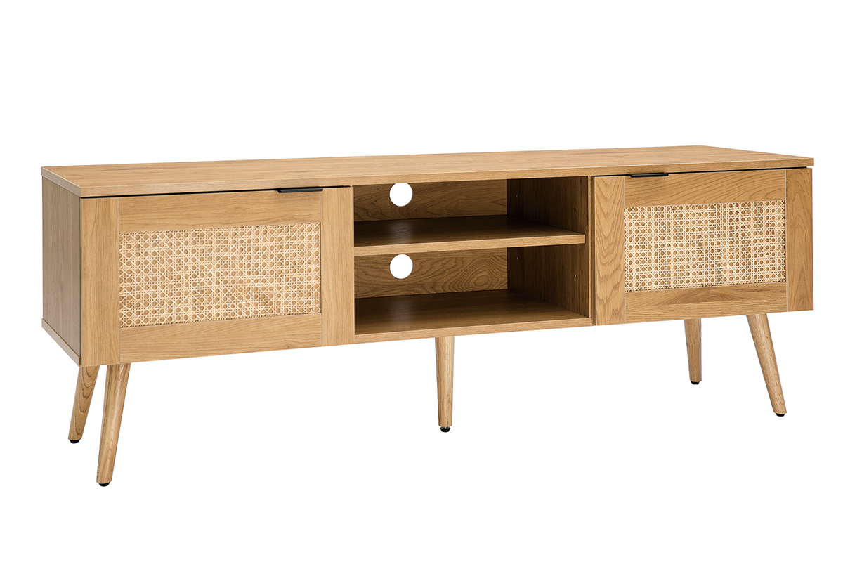 Mueble TV de madera clara, mimbre y metal negro con 2 puertas 140 cm MANILLE