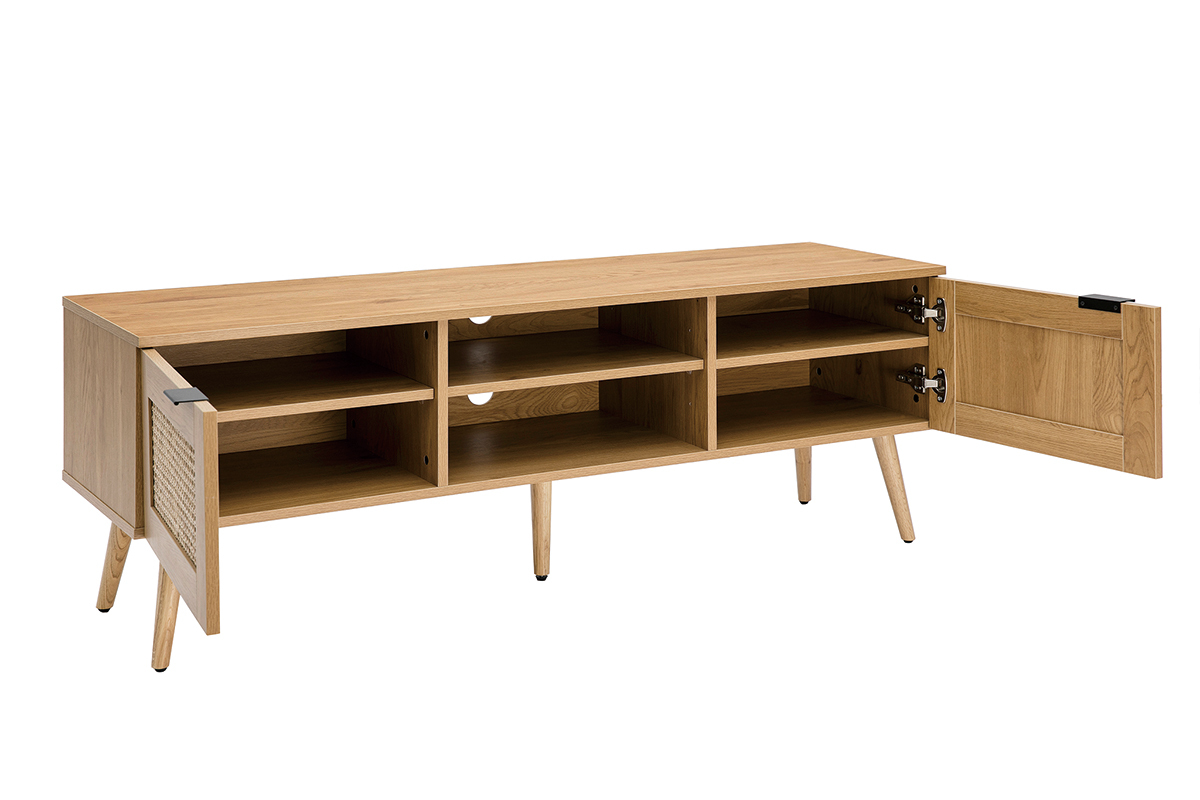 Mueble TV de madera clara, mimbre y metal negro con 2 puertas 140 cm MANILLE