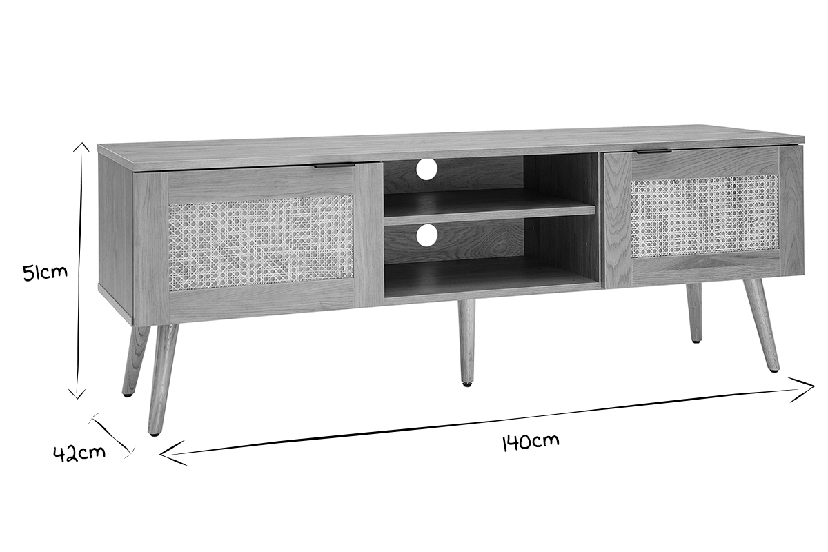 Mueble TV de madera clara, mimbre y metal negro con 2 puertas 140 cm MANILLE