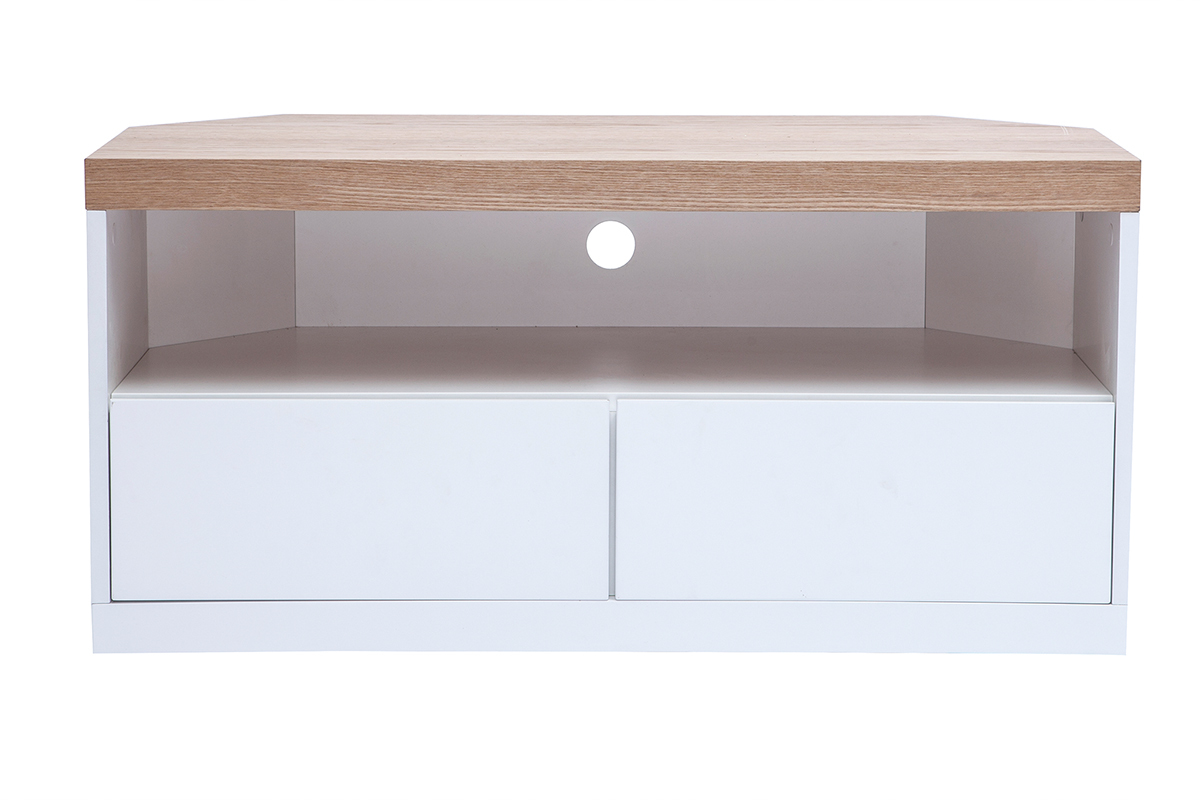 Mueble TV esquinero de contrachapado de madera de fresno y blanco MAX