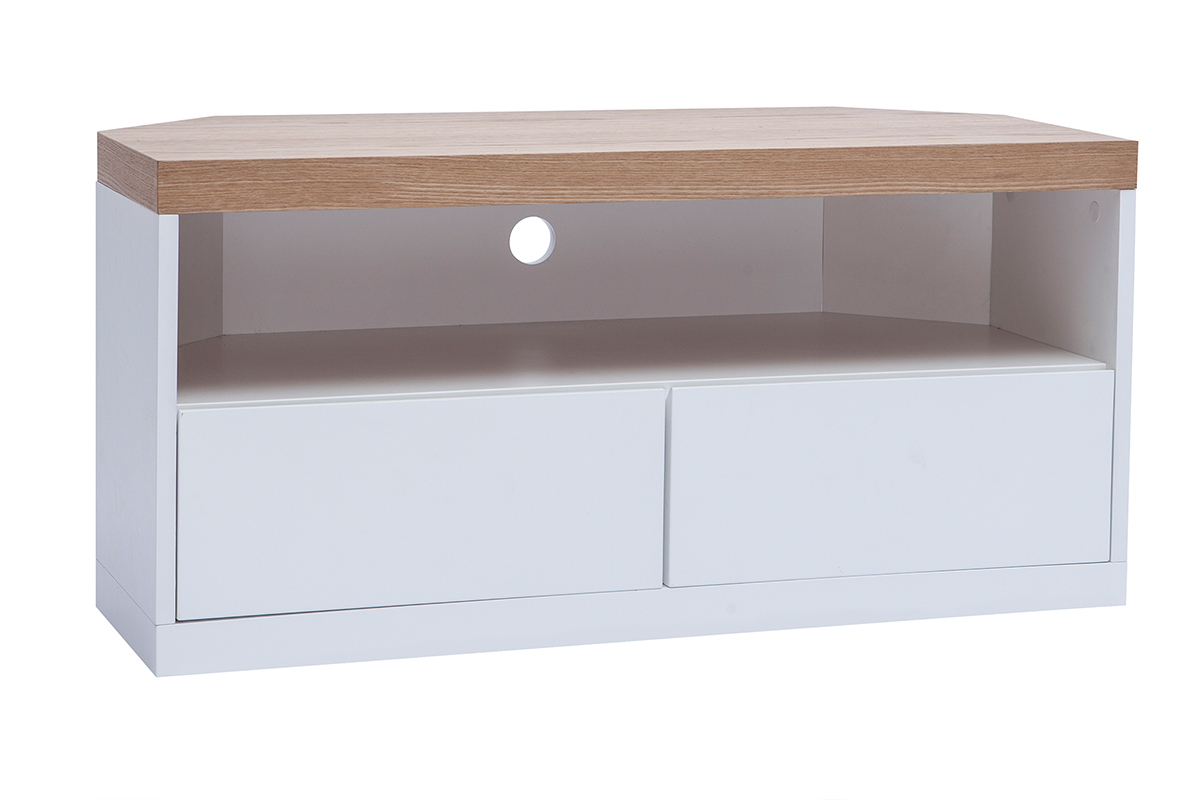 Mueble TV esquinero de contrachapado de madera de fresno y blanco MAX