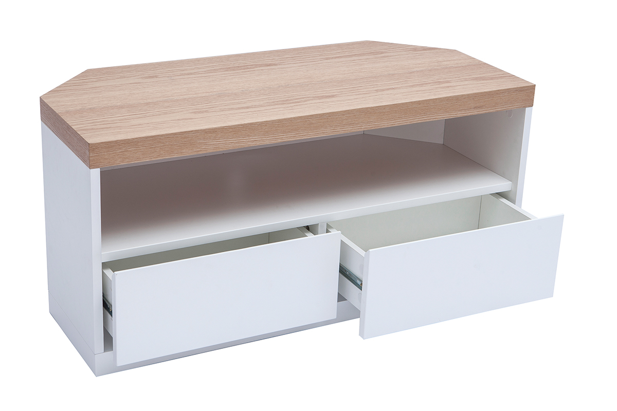 Mueble TV esquinero de contrachapado de madera de fresno y blanco MAX