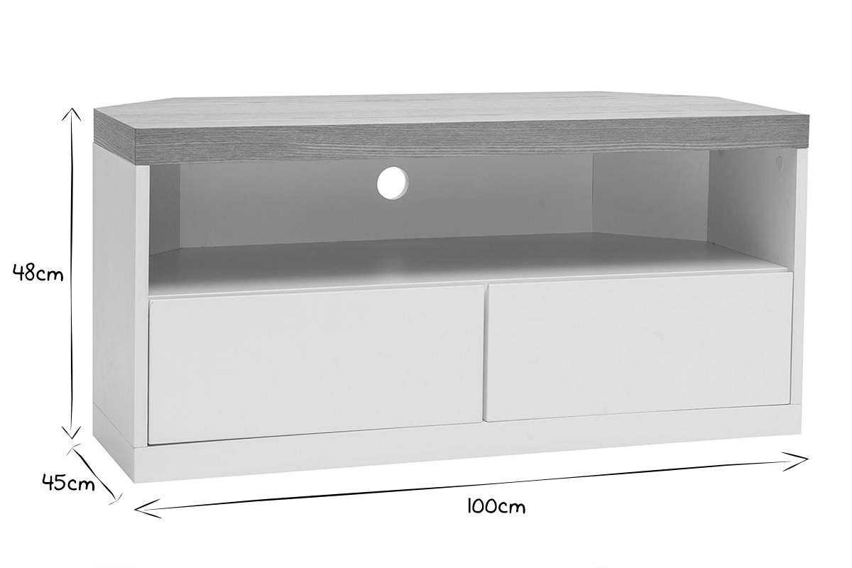 Mueble TV esquinero de contrachapado de madera de fresno y blanco MAX