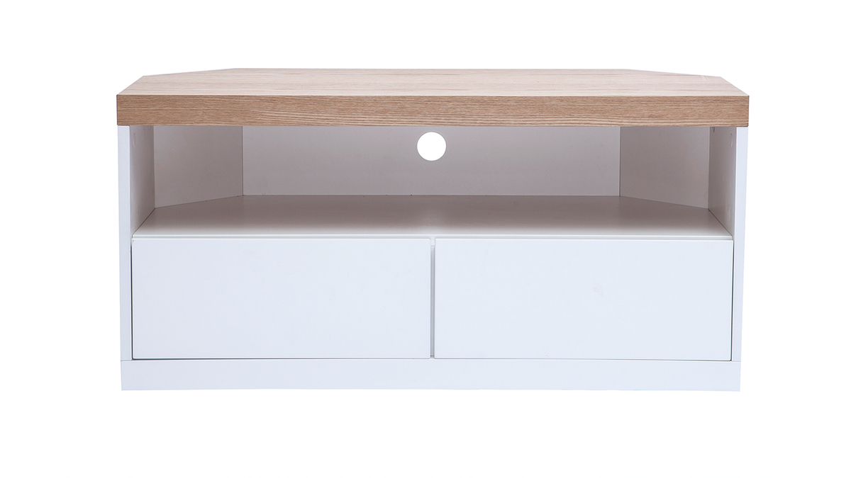 Mueble TV esquinero de contrachapado de madera de fresno y blanco MAX